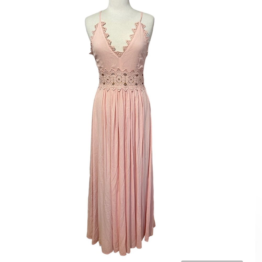 Lulus blush maxi dress with embroidery holes around the waist